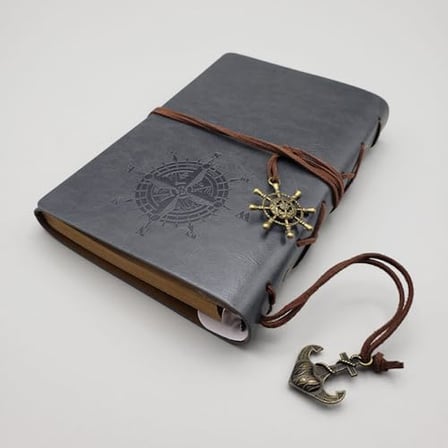 Retro Vintage Pusula Baskılı Çapa Ve Dümen Kolye Uçlu Deri Kapaklı Günlük Not Defteri Denizci Defter Özel Tasarım Hediyelik Gri