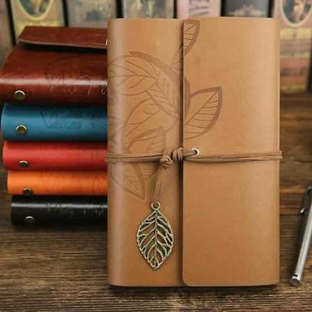 Retro Vintage Yaprak Baskılı Kolye Uçlu Deri Kapaklı Günlük Not Defteri Özel Tasarım Hediyelik Açık Kahverengi