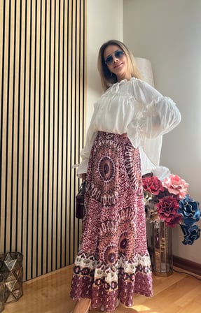 Valeria Desenli Etek Bluz Takım Büzgü Detaylı Salaş Kesim Yazlık Kadın Takım - Tesettür Uyumlu