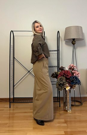 Kadın Çizgili Oversize Keten Gömlek – Tek Ebat Crop Salaş Gömlek