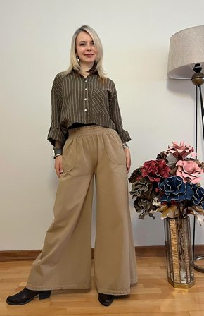 Kadın Çizgili Oversize Keten Gömlek – Tek Ebat Crop Salaş Gömlek