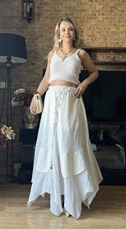 Kadın Astarlı Brode Gofre Kumaş Etek