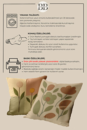 2’li Nakış Desenli, Çift Taraflı Baskı, Dekoratif Kırlent Kılıfı Seti – Bohem Stil, Fermuarlı