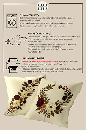 2’li Nakış Desenli, Çift Taraflı Baskı, Dekoratif Kırlent Kılıfı Seti – Bohem Stil, Fermuarlı
