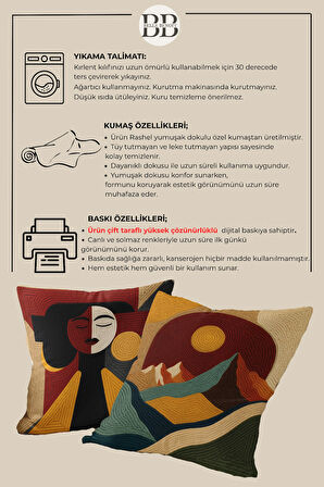 2’li Nakış Desenli, Çift Taraflı Baskı, Dekoratif Kırlent Kılıfı Seti – Bohem Stil, Fermuarlı