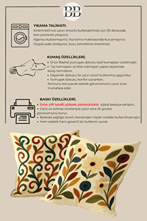 2’li Nakış Desenli, Çift Taraflı Baskı, Dekoratif Kırlent Kılıfı Seti – Bohem Stil, Fermuarlı