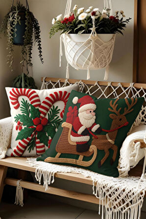 2’li Nakış Punch Yılbaşı Desenli, Çift Taraf Dijital Baskı, Yastık kılıfı, Kırlent Kılıfı, Fermuarlı