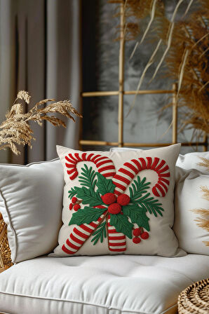 2’li Nakış Punch Yılbaşı Desenli, Çift Taraf Dijital Baskı, Yastık kılıfı, Kırlent Kılıfı, Fermuarlı