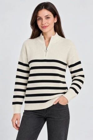 Dik Yaka Yarım Fermuarlı Çizgili Selanik Örgü Triko Kazak - Krem