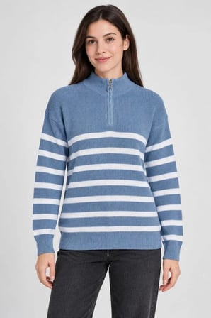 Dik Yaka Yarım Fermuarlı Çizgili Selanik Örgü Triko Kazak - Mavi