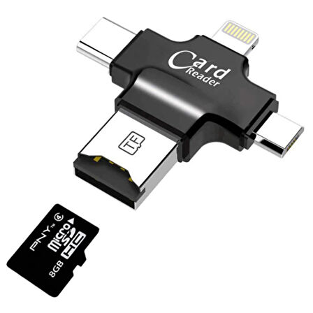 Card Reader 4in1 Type-C- İphone Lightning-Micro Usb Hafıza Kart Okuyucu (Siyah)