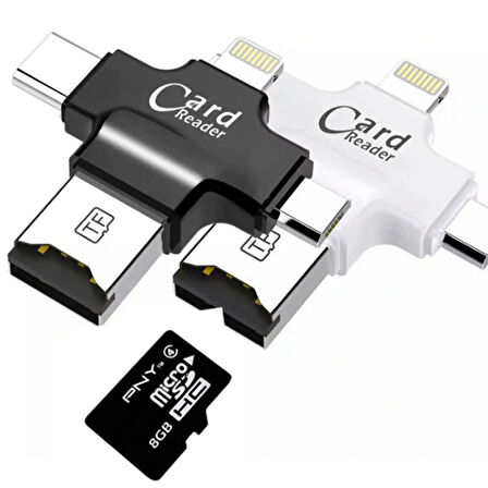 Card Reader 4in1 Type-C- İphone Lightning-Micro Usb Hafıza Kart Okuyucu (Siyah)