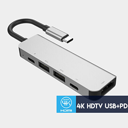 Usb Type-C to 5in1 Hdtv 2xUSB+2x PD Hub Adaptör Çoklayıcı (Gri)