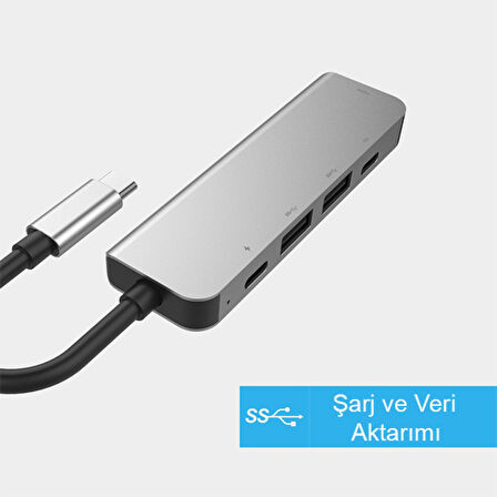 Usb Type-C to 5in1 Hdtv 2xUSB+2x PD Hub Adaptör Çoklayıcı (Gri)