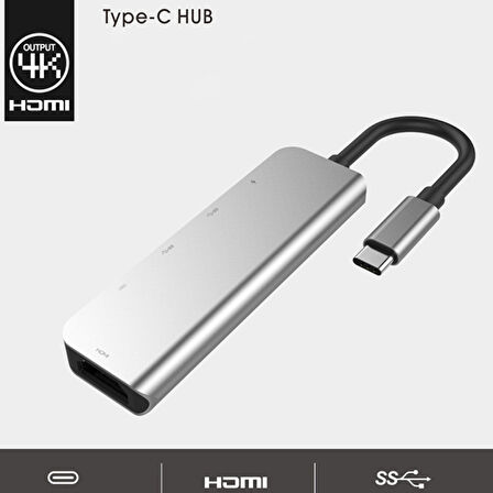 Usb Type-C to 5in1 Hdtv 2xUSB+2x PD Hub Adaptör Çoklayıcı (Gri)