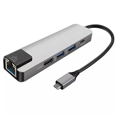 5İN1 USB 3.1 Type C To HDMI 2xusb 3.0 RJ45 Ethernet Dönüştürücü Adaptör (Gri)