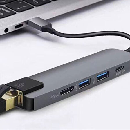 5İN1 USB 3.1 Type C To HDMI 2xusb 3.0 RJ45 Ethernet Dönüştürücü Adaptör (Gri)