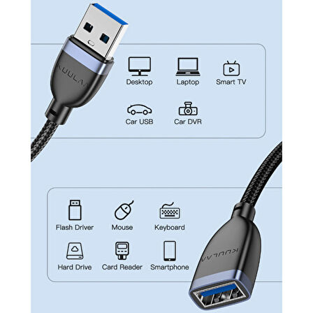 KUULAA USB3.0 2A Male to Female 15cm Dişi-Erkek Dönüştürücü Kablo (Siyah)