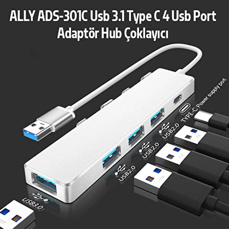 ADS-301A USB 3.0 to Type-C + USB 3.0 / 2.0 4-Port Hub Çoklayıcı Adaptör (Füme)