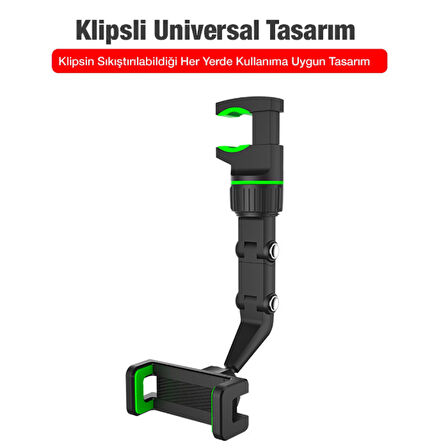 360 Dönebilen Multifonksiyonel Dikiz Aynası Araç Telefon Tutucu (Siyah-Yeşil)