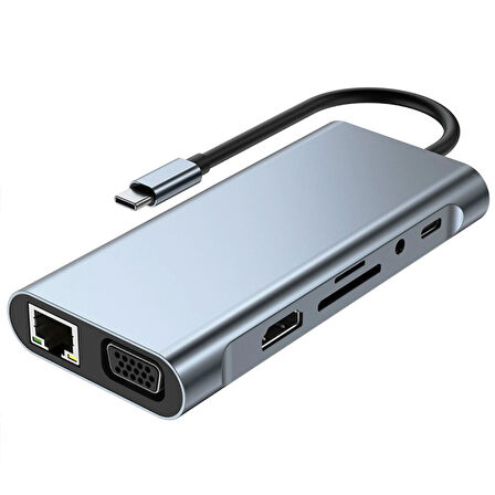 BYL-2110 11in1 Multifonksiyonlu Type-C Hub Adaptör Dönüştürücü (Füme)