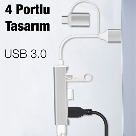 A-806 4in1 Type-C + USB Girişli USB 3.0 Çoğaltıcı Hub Adaptör Çevirici (Gri)