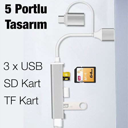 A-807 5in1 Type-C + USB Girişli USB 3.0 Çoğaltıcı Hub Adaptör (Gri)