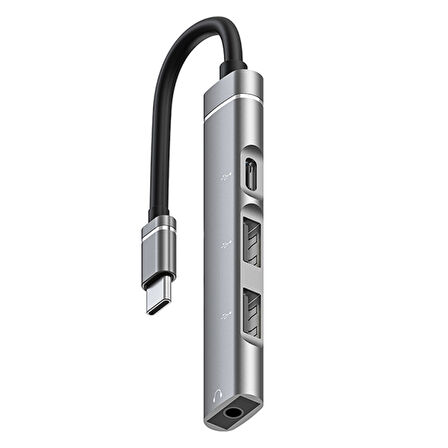 4in1 Type-C+3.5mm+USB Girişli Çoğaltıcı Adaptör Çevirici Hub (Gri)