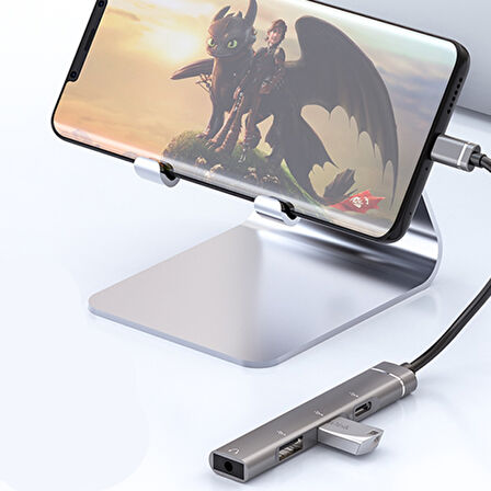 4in1 Type-C+3.5mm+USB Girişli Çoğaltıcı Adaptör Çevirici Hub (Gri)