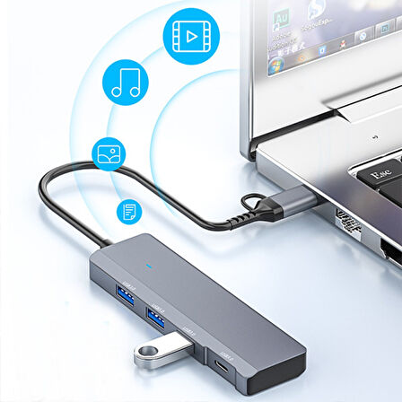ADS-309D 4 Portlu USB+Type-C USB 3.0 Çoklayıcı Data HUB Adaptör (Füme)