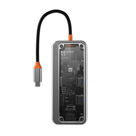 8in1 Type-c To USB3.0 + USB2.0 + Type-c + PD + HDMI + SD + TF + Ethernet Çoğaltıcı Transparan Hub