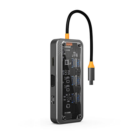 SW1V-PRO Type-c To USB3.0 3adet+ 3.5mm+ HDMI+ VGA+ SD + TF + Ethernet Çoğaltıcı Transparan Hub