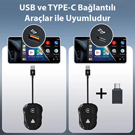 İPhone-Android Kablosuz Carplay Dongle 5Ghz Adaptör Çevirici USB+Type-C Adaptör (Siyah)