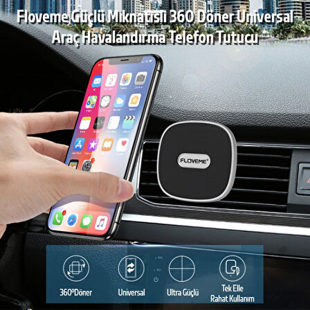 Floveme Güçlü Mıknatıslı 360 Döner Universal Araç Havalandırma Telefon Tutucu (Gri)