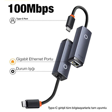 Baseus Lite Series 100Mbps Type-C to RJ45 Ethernet LAN Port Adaptör (Gri)