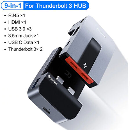 Baseus Armor Age 9in1 Type-C Çok Fonksiyonlu HUB HDMI RJ45 USB 3.0 (Gri)