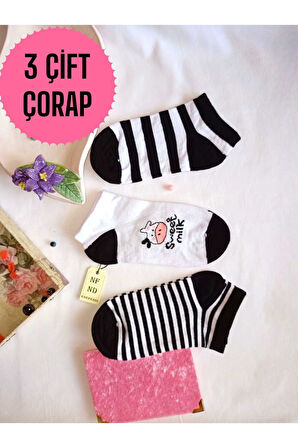 3 ÇİFT KADIN ÇORAP BURUN DİKİŞSİZ PAMUKLU KISA KONÇ DESENLİ PATİK ÇORABI 36-40 SİYAH BEYAZ