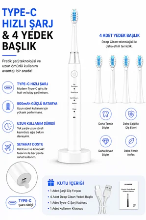 Şarjlı Diş Fırçası 4 Başlık 5 Modlu Elektrikli Diş Temizleme Fırçası Titreşimli 500mAh Şarjlı IPX7