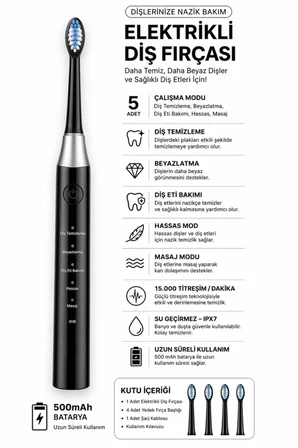 Şarjlı Diş Fırçası 4 Başlık 5 Modlu Elektrikli Diş Temizleme Fırçası Titreşimli 500mAh Şarjlı IPX7