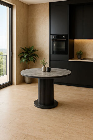 İstanbul’81 Yuvarlak Masa – Gri Mermer Desen, Siyah Ayak – Ø120 cm