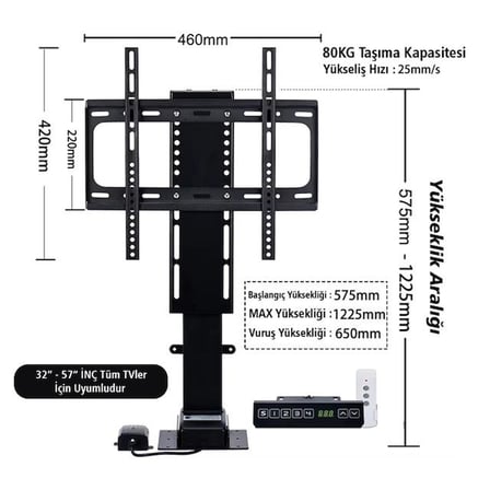 PowerMaster PM-24928 32'' - 57'' İnç Ayarlanabilir Yükseklik Uzaktan Kumandalı TV Kaldırma Lift Asan