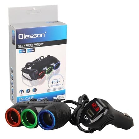 Olesson 1633 12-24V Tek USB Girişli 120W 80cm Kablolu Dijital Voltaj Ekranlı 3'lü Araç Çakmak Çoklay