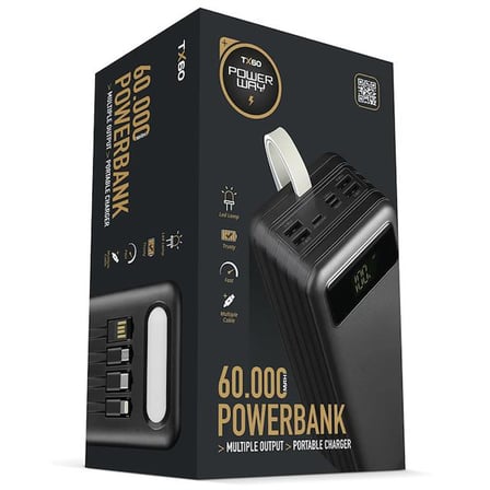 Powerway TX60 Siyah 60000 Mah Çoklu Çıkış Dijital Göstergeli Ekstra Kablolu Powerbank