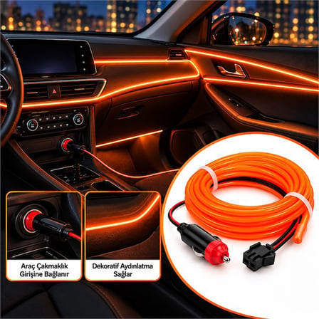 PowerMaster PM-18224 5 Metre 12 Volt Çakmak Fişli Oranj Turuncu Araç İçi Neon İp Aydınlatma