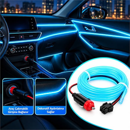 PowerMaster PM-6080 5 Metre 12 Volt Çakmak Fişli Adaptörlü Buz Mavi Neon İp Aydınlatma