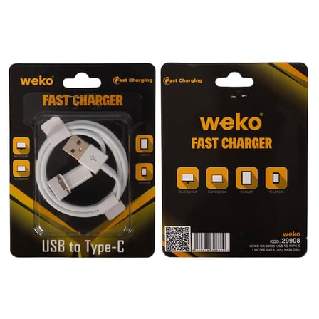 Weko WK-29908 Beyaz 1 Metre Usb To Type-C Şarj - Data Aktarım Kablosu