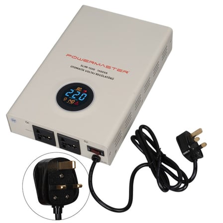 Powermaster SLIM-1500 Otomatik 1500VA Kombi Voltaj Regülatörü (İngiliz Fişli ve Evrensel Çoklu Soket