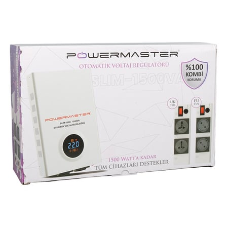 Powermaster SLIM-1500 Otomatik 1500VA Kombi Voltaj Regülatörü (İngiliz Fişli ve Evrensel Çoklu Soket