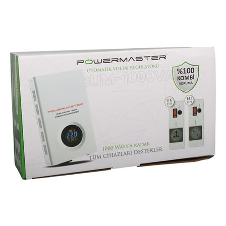 Powermaster SLIM-1000 Otomatik 1000VA Kombi Voltaj Regülatörü (İngiliz Fişli ve Evrensel Çoklu Soket