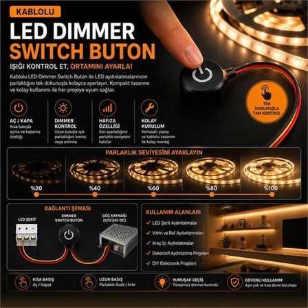 Powermaster PM-30787 12V DC 10mm Gömme Dokunmatik LED Dimmer Kontrolcüsü Switch Buton Siyah